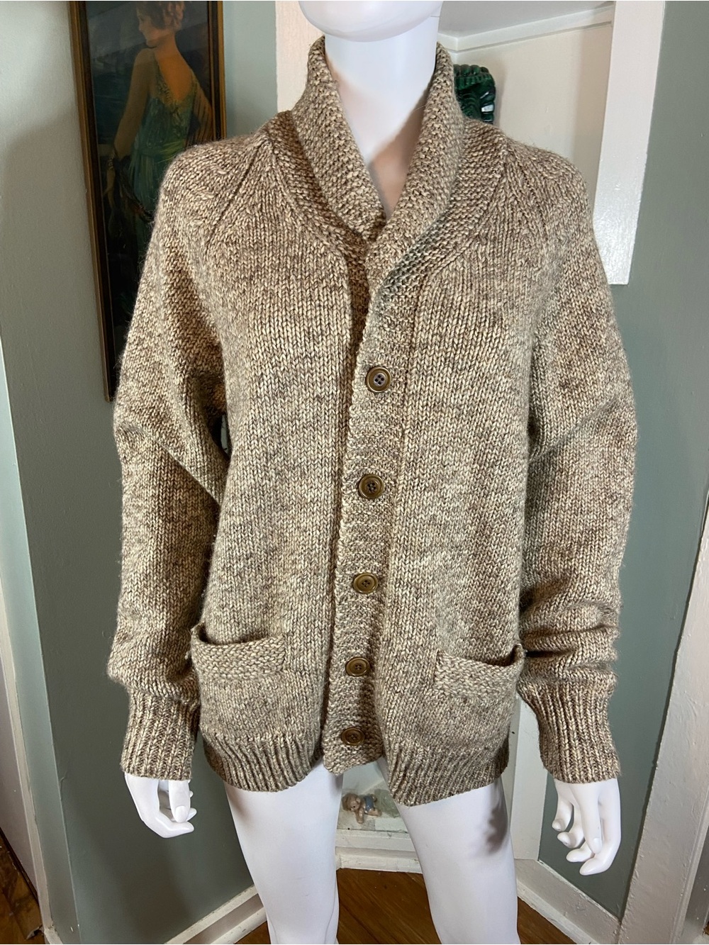 J. Crew Men's Medium M Wool Blend Shawl Collar Cardigan Sweater Marled Brown